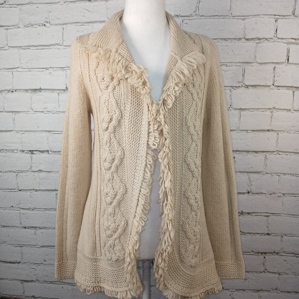 WOMENS CABLE KNIT CARDIGAN SWEATER FRINGE TRIM COTTAGECORE CREAM MED